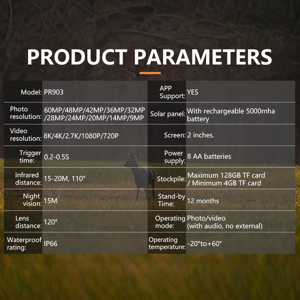 PR903W Solar Trail Camera, 8K 60MP WiFi APP Hunting Camera IR Night Vision Trail Cam IP66 Waterproof for Wildlife Monitoring