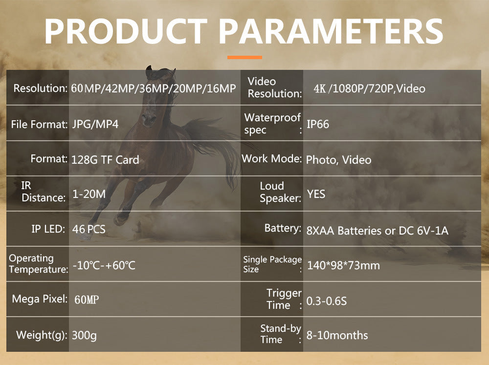 PR300 WIFI Wildlife Trail Camera 60MP 4K Video Night Vision Infrared IP66 Waterproof Animal Tracking Camera