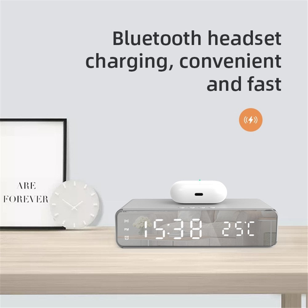 HYY-WX03 Multifunctional Desktop LED Digital Display Alarm Clock Mirror Surface Thermometer with Wireless Charger Function