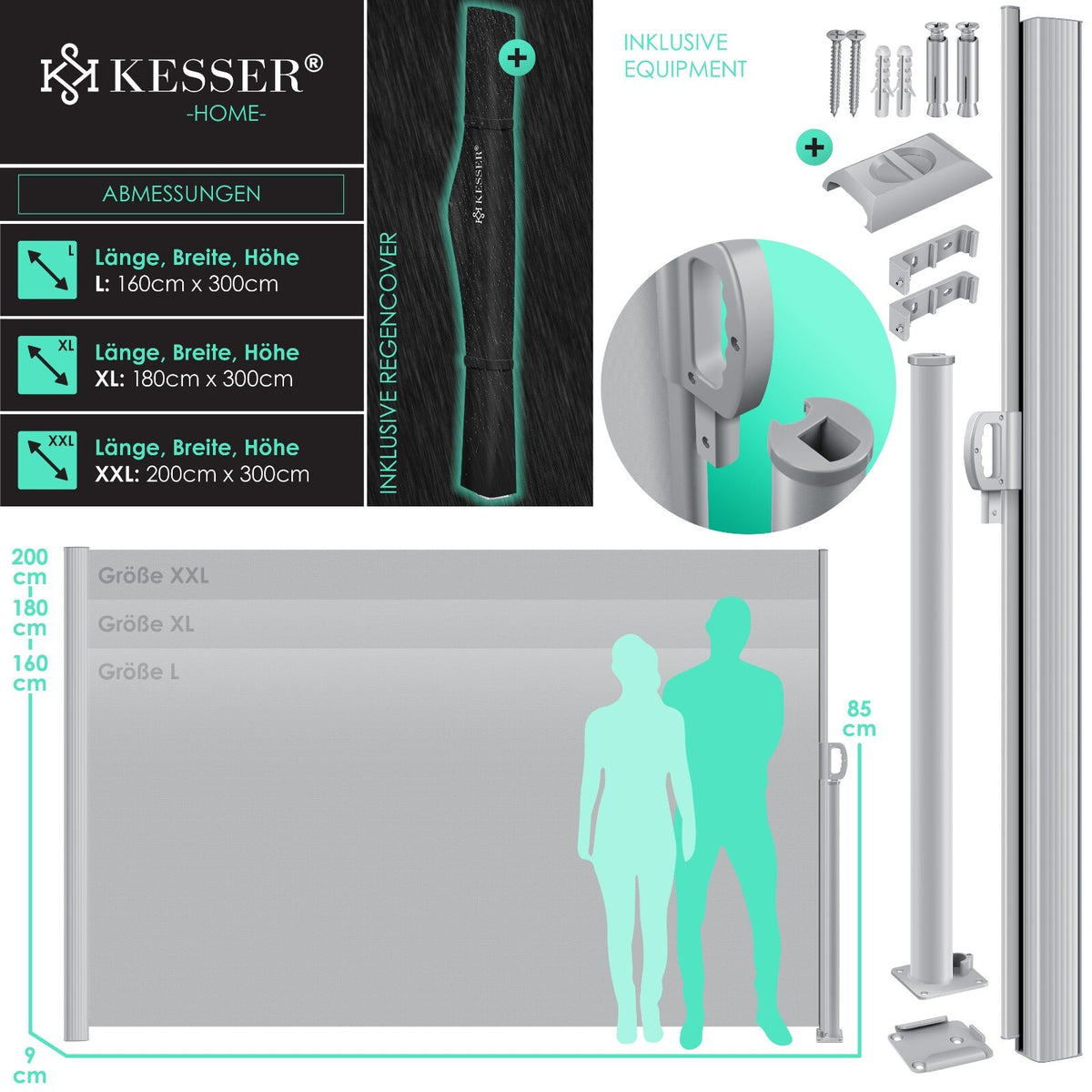 KESSER® Alu Seitenmarkise Ausziehbar Markise Wind Sonne Sicht Schutz Seitenrollo