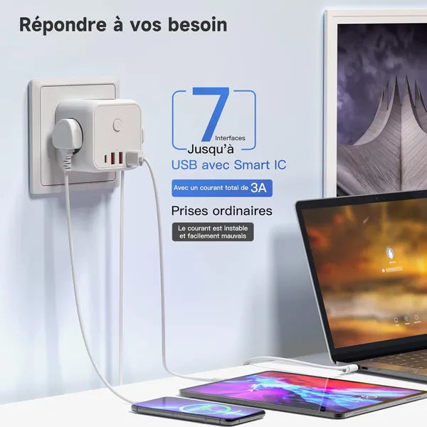 7-in-1 Steckdosenadapter 250V 4000W – Mehrfachsteckdose mit USB & Schnellladung