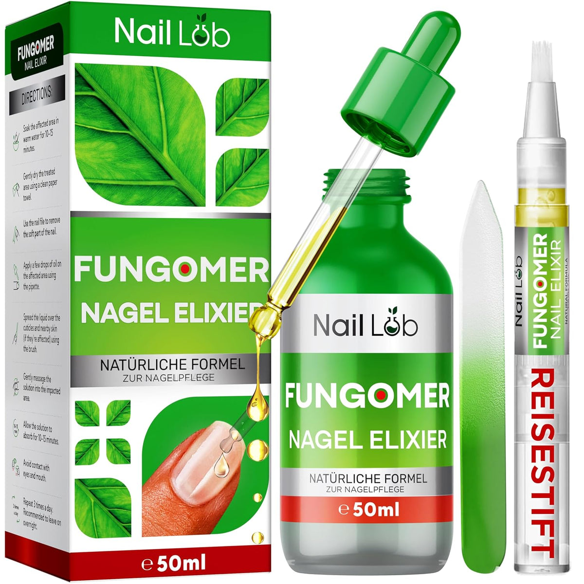 Fungomer Nagel-Elixier - Repariert Beschädigte Und Verfärbte Nägel - 50Ml - Enthält Teebaumöl, Geeignet Für Finger- Und Zehennägel Extra Stark - Kostenloser 3Ml Nagelstift + Nagelfeile