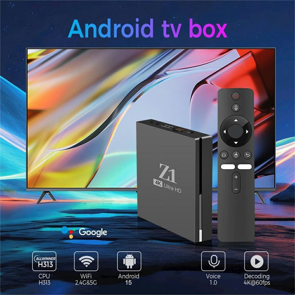 Z1 1+8GB Android 15.0 TV Box 4K Ultra HD WiFi 6 Dual Band 2.4G / 5G Bluetooth-compatible Voice Remote