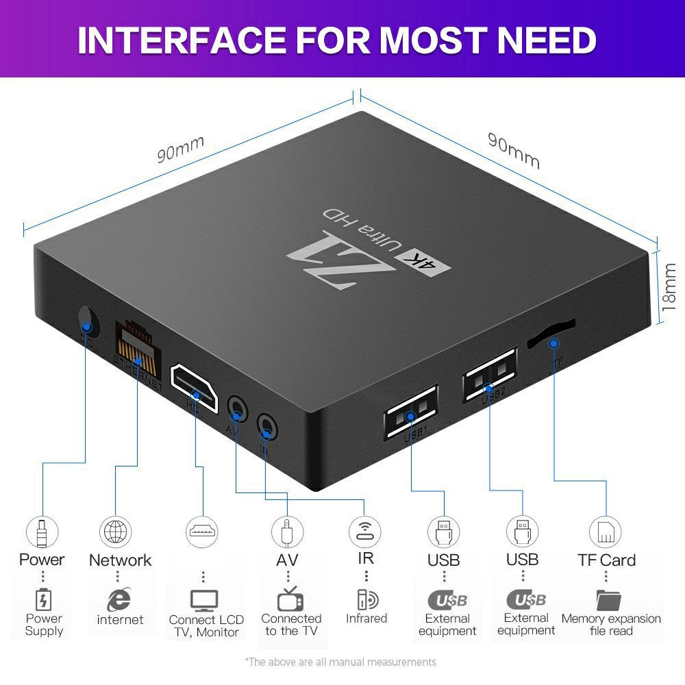 Z1 1+8GB Android 15.0 TV Box 4K Ultra HD WiFi 6 Dual Band 2.4G / 5G Bluetooth-compatible Voice Remote