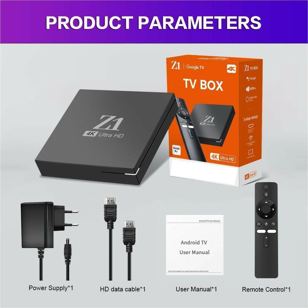 Z1 1+8GB Android 15.0 TV Box 4K Ultra HD WiFi 6 Dual Band 2.4G / 5G Bluetooth-compatible Voice Remote