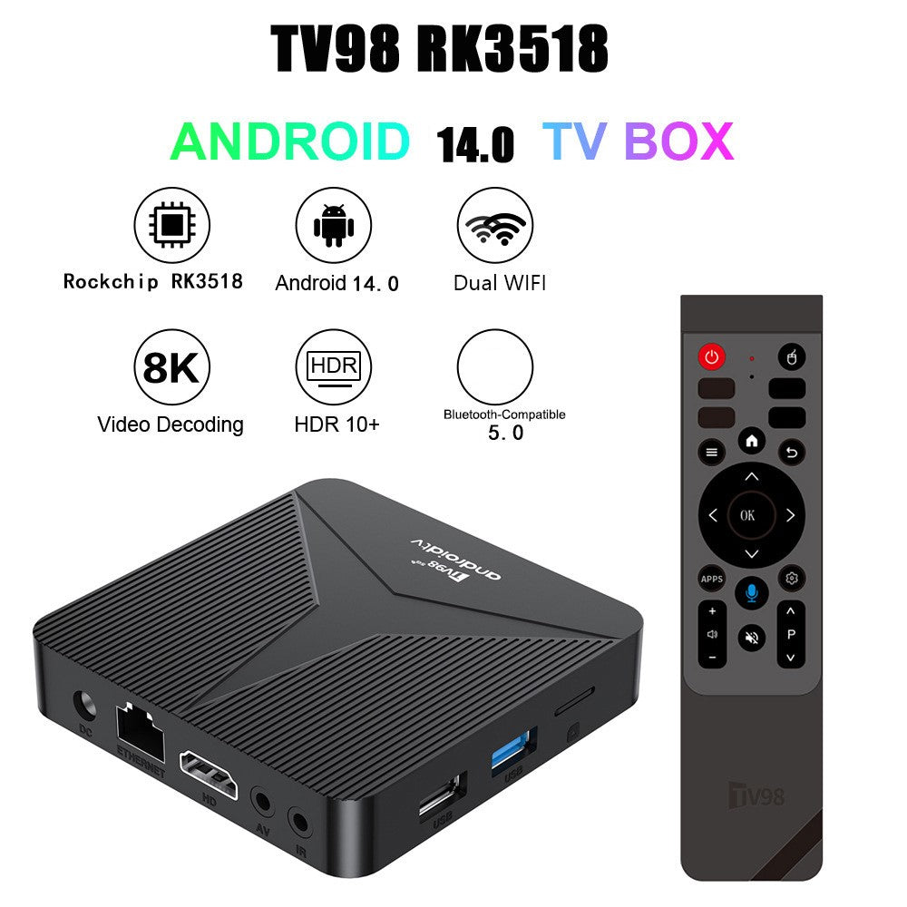 TV98 RK3518 Android TV Box Rockchip Quad Core 2+16GB Dual Band WiFi Bluetooth-compatible Voice Remote Control for Home Entertainment