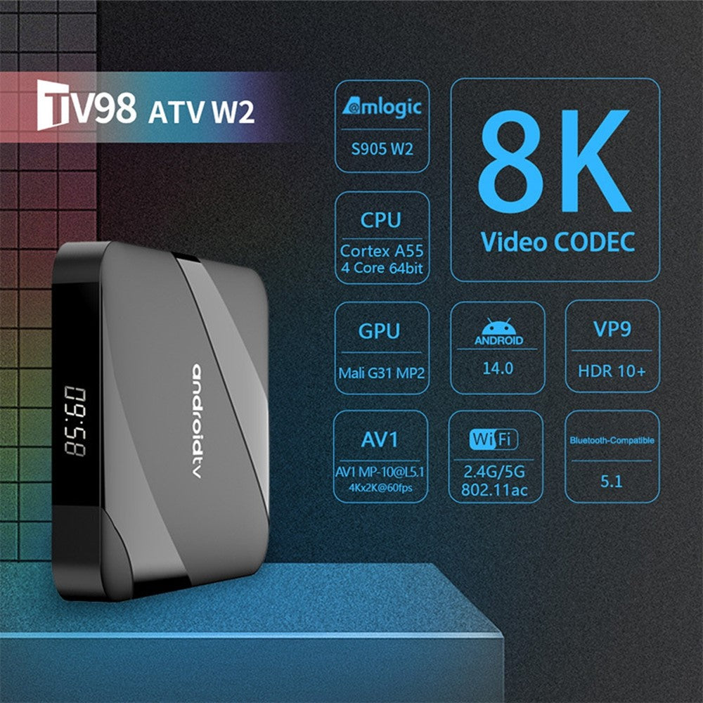 TV98 ATV W2 4+32GB Android 14.0 8K Smart TV Box Amlogic S905W2 Dual Band WiFi Bluetooth-compatible 5.1 Voice Remote for Streaming Media