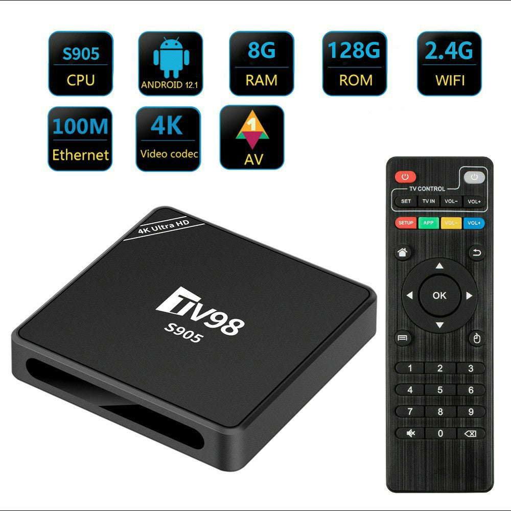 TV98 S905 8+128GB 4K Ultra HD Android 12.1 Smart TV Box 2.4G WiFi 100M Ethernet Dual Output HD AV Remote Control Set-Top Box