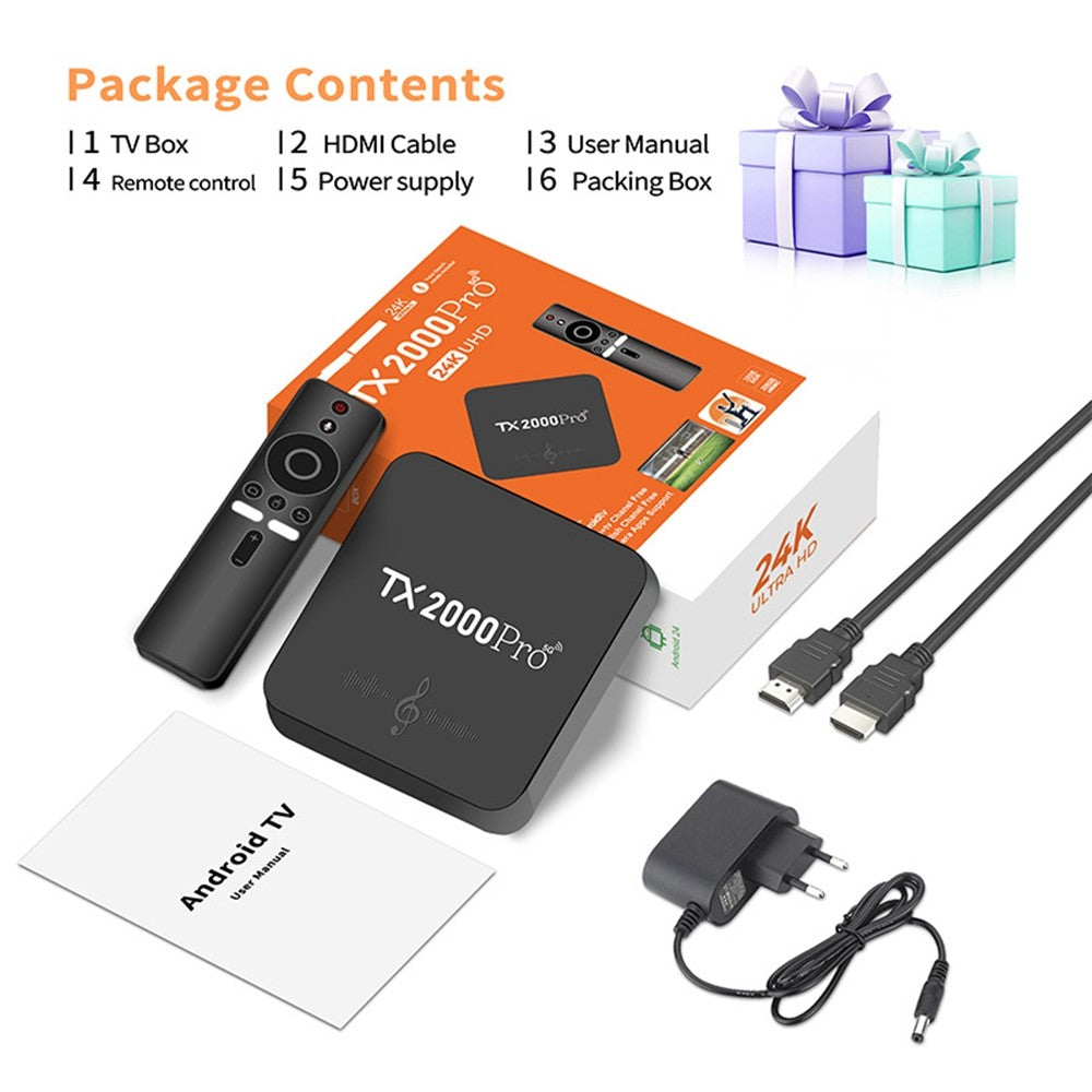 TX2000Pro 16+256GB Android TV Box 4K UHD Quad Core A53 Dual WiFi BT5.0 Media Player for Home Entertainment