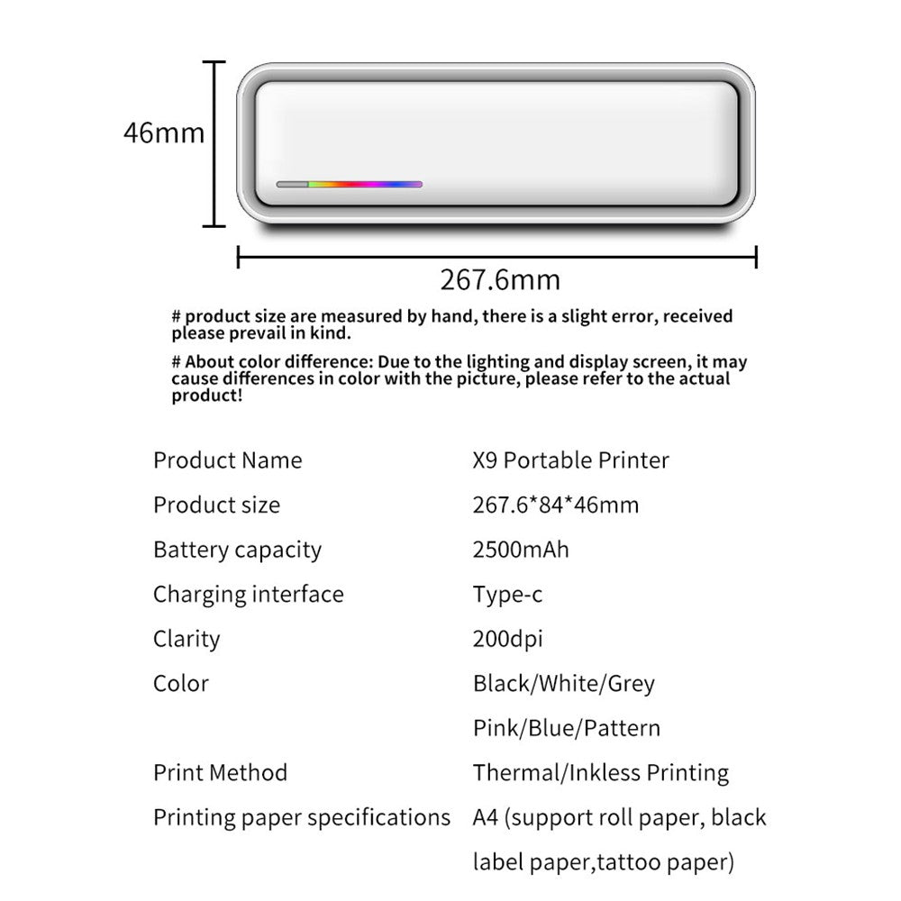 X9 Portable Bluetooth-compatible Thermal Printer 22mm / s Fast Speed 200dpi A4 Inkless Printing Machine