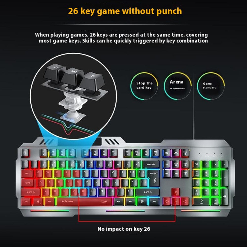 INPHIC K2 104-Key Wired Gaming Keyboard Metal Panel Mechanical Keyboard with 7 Color Backlit