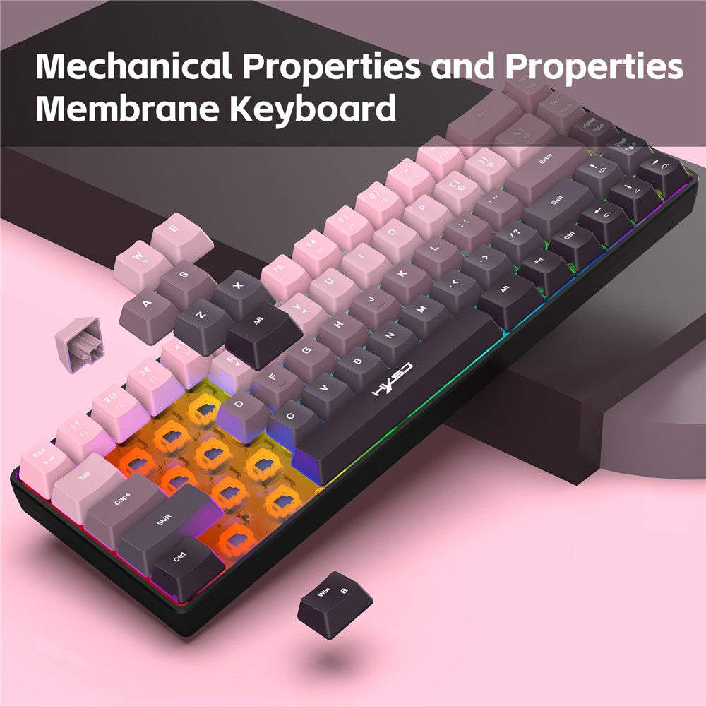 HXSJ V200 Ergonomic 68 Keys Membrane Keyboard RGB Lighting Wired Keyboard for Gaming, 25-Key Rollover