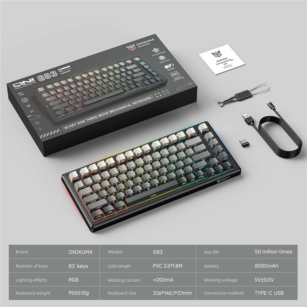 ONIKUMA G83 2.4G Wireless / Bluetooth-compatible / Wired 3 Modes 82-Key Mechanical Keyboard Hot Swappable Gaming Keyboard