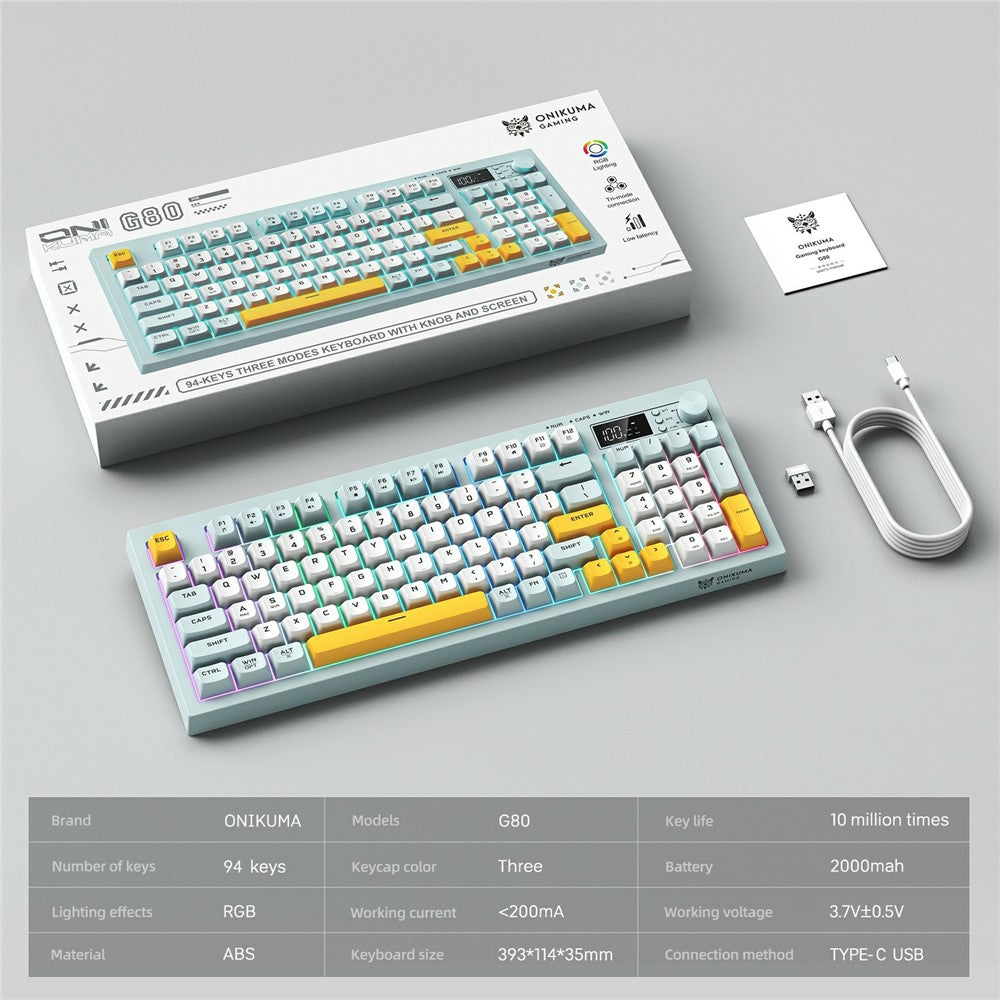 ONIKUMA G80 Gaming Keyboard 2.4G Wireless / Bluetooth-compatible / Wired Membrane Keys 3 Modes Keyboard with RGB Backlit