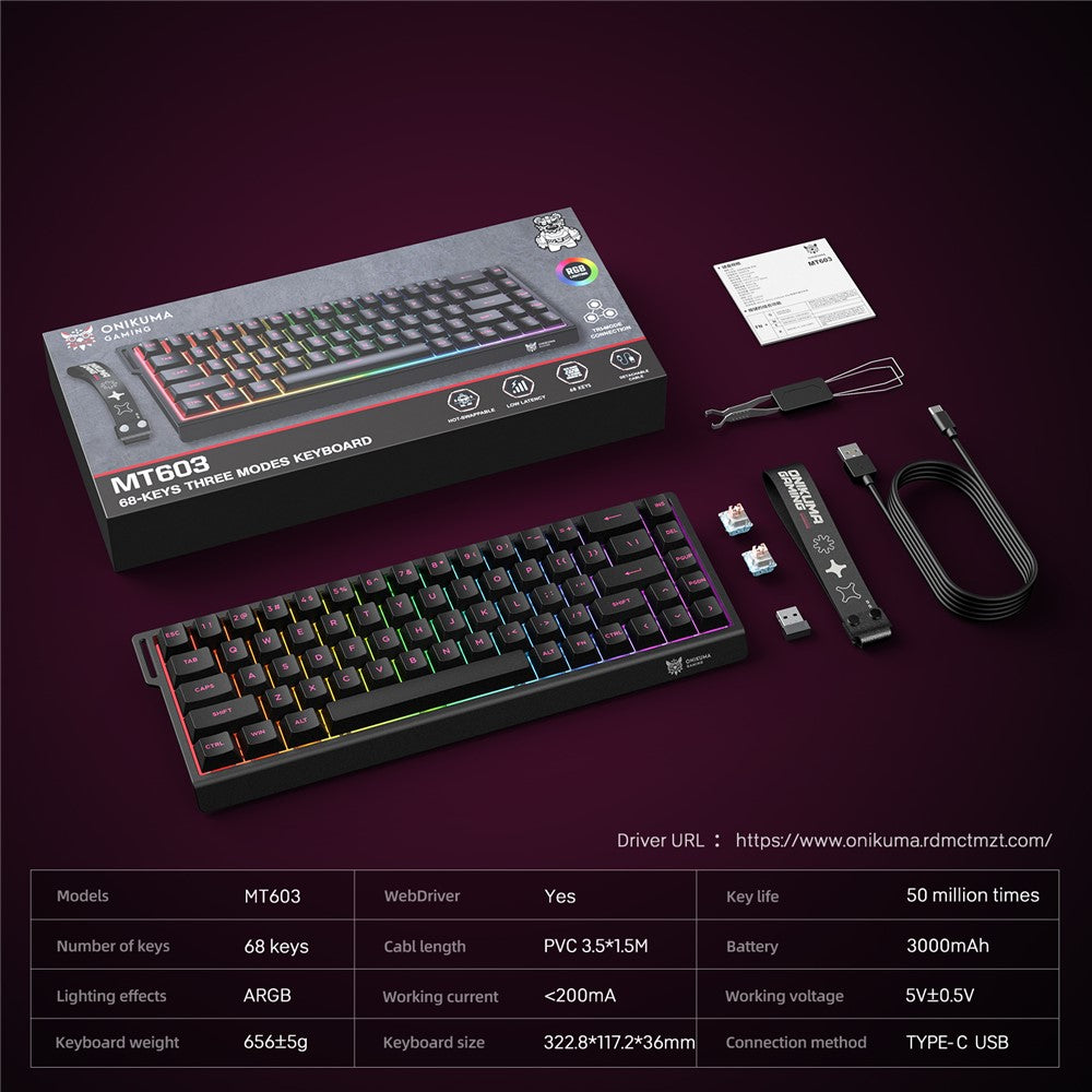 ONIKUMA MT603 68 Keys Mechanical Keyboard Three Modes 2.4GHz Wireless Gaming Keyboard