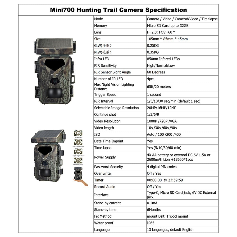 Mini700 Infrared Camera 20MP / 1080P Hunting Tracking Camera Outdoor Wildlife Animal Tracking Camera