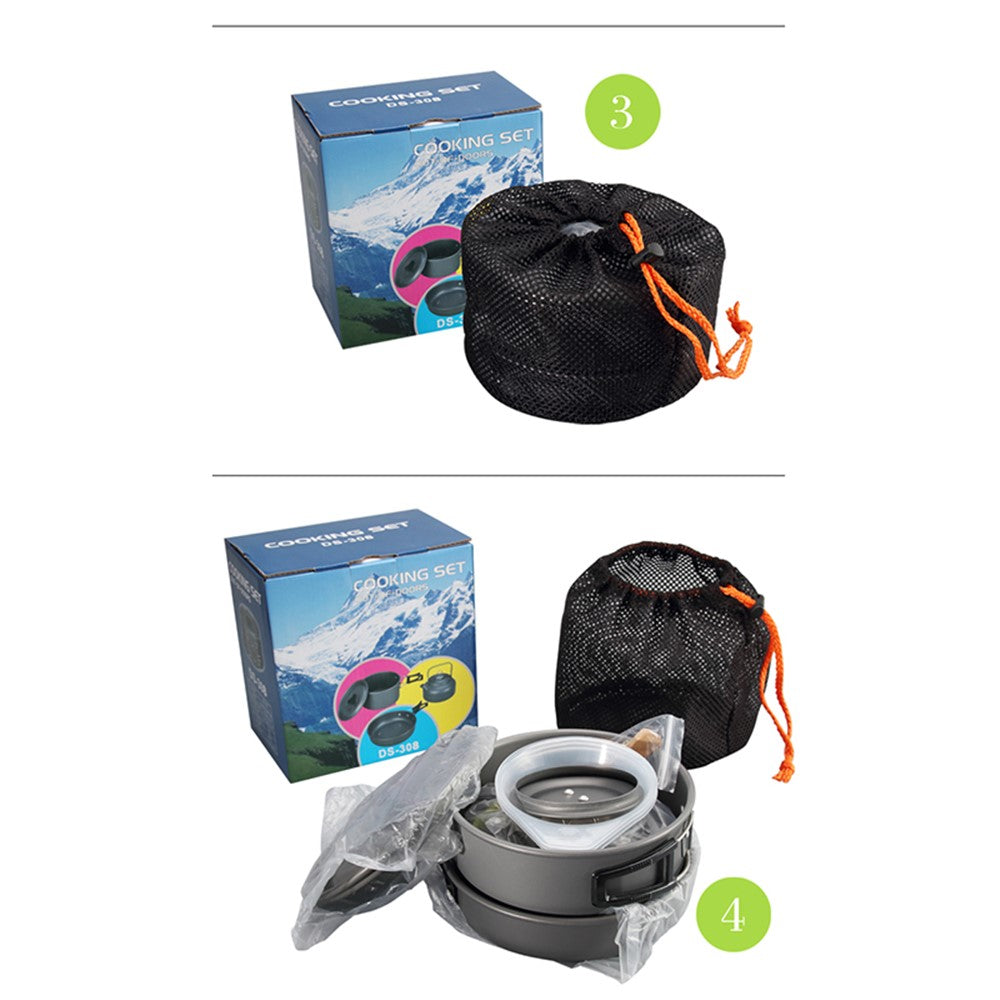 HALIN DS-308 Portable Frying Pan Tea Pot Hard Alumina Camping Cookware Set for 2-3 People (No FDA, BPA-Free)
