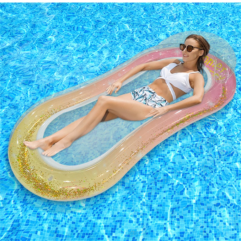 PVC Inflatable Pool Float Lounger with Mesh Glitter Sequins Design Portable Foldable Beach Chair