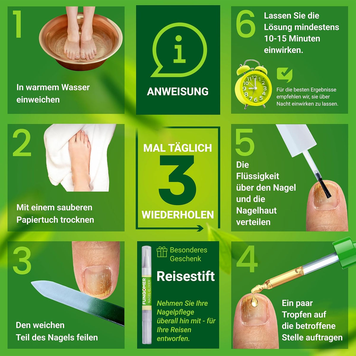 Fungomer Nagel-Elixier - Repariert Beschädigte Und Verfärbte Nägel - 50Ml - Enthält Teebaumöl, Geeignet Für Finger- Und Zehennägel Extra Stark - Kostenloser 3Ml Nagelstift + Nagelfeile