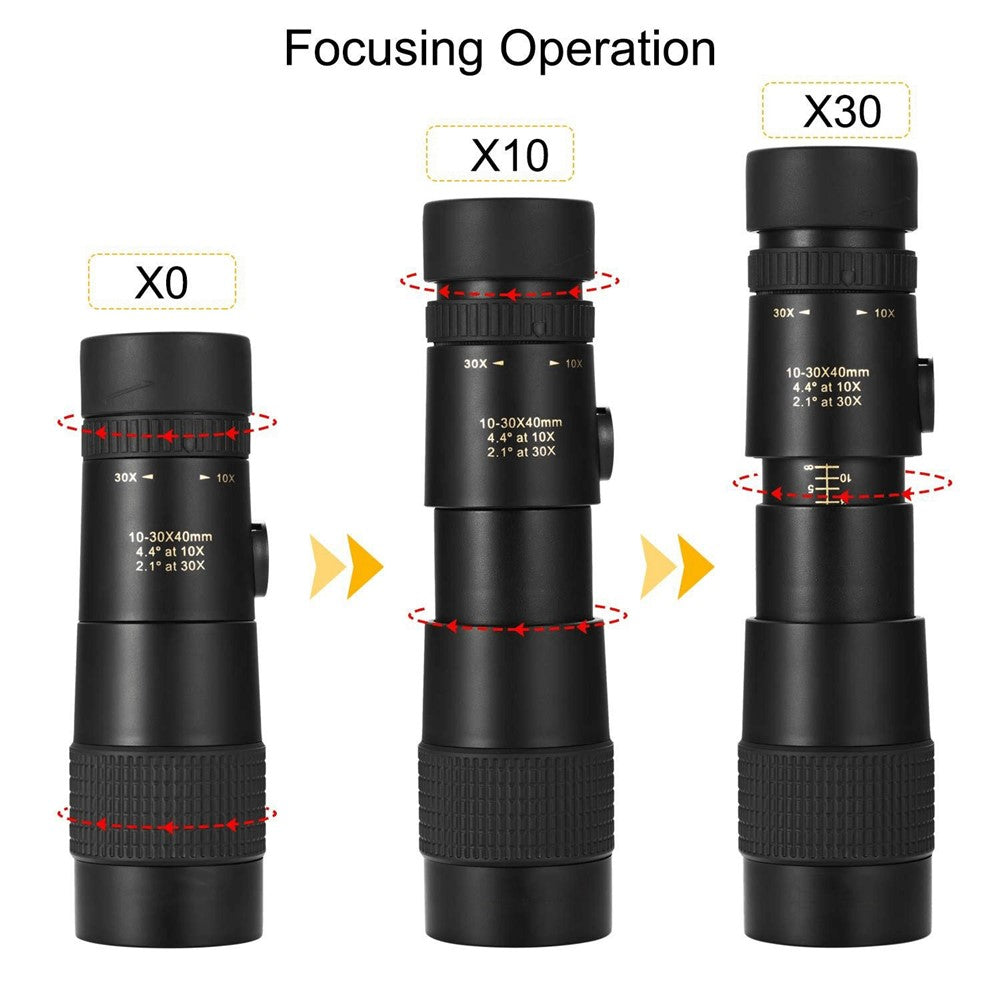 AM-D02 Portable Cell Phone Lens Monocular 10-30x40 BAK4 Prism Multi-Layer Coated Monocular Outdoor Waterproof Night Vision Monocular for Bird Watching