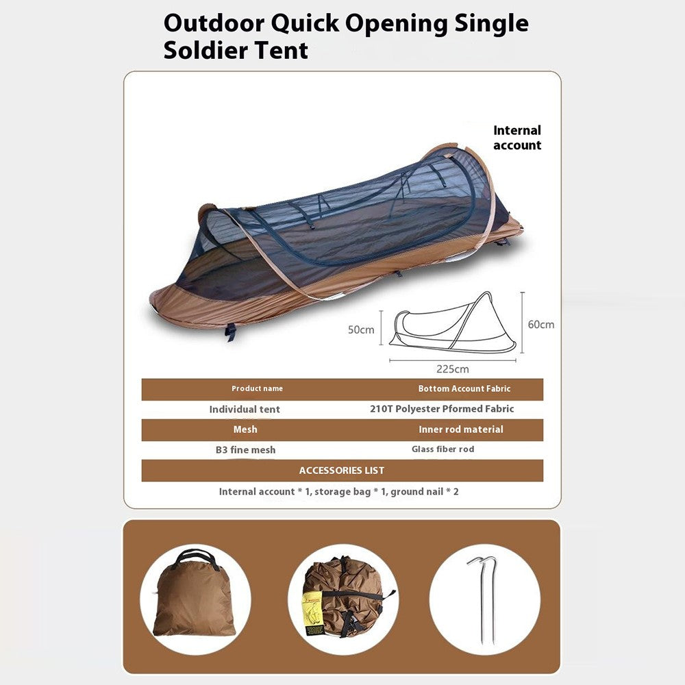 Single Person Quick Open Hiking Tent Outdoor Mosquito Proof Tactical Camping Shelter with Storage Bag