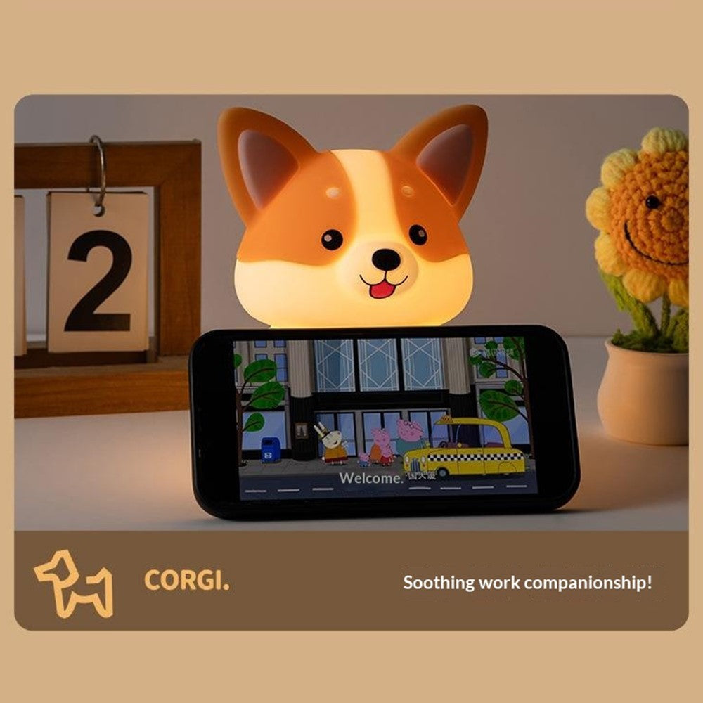 PP-D11 Cute Cartoon Corgi Puppy-Shaped Night Light USB-C Charging 1200mAh Silicone Touch Sensor Bedside Night Pat Lamp
