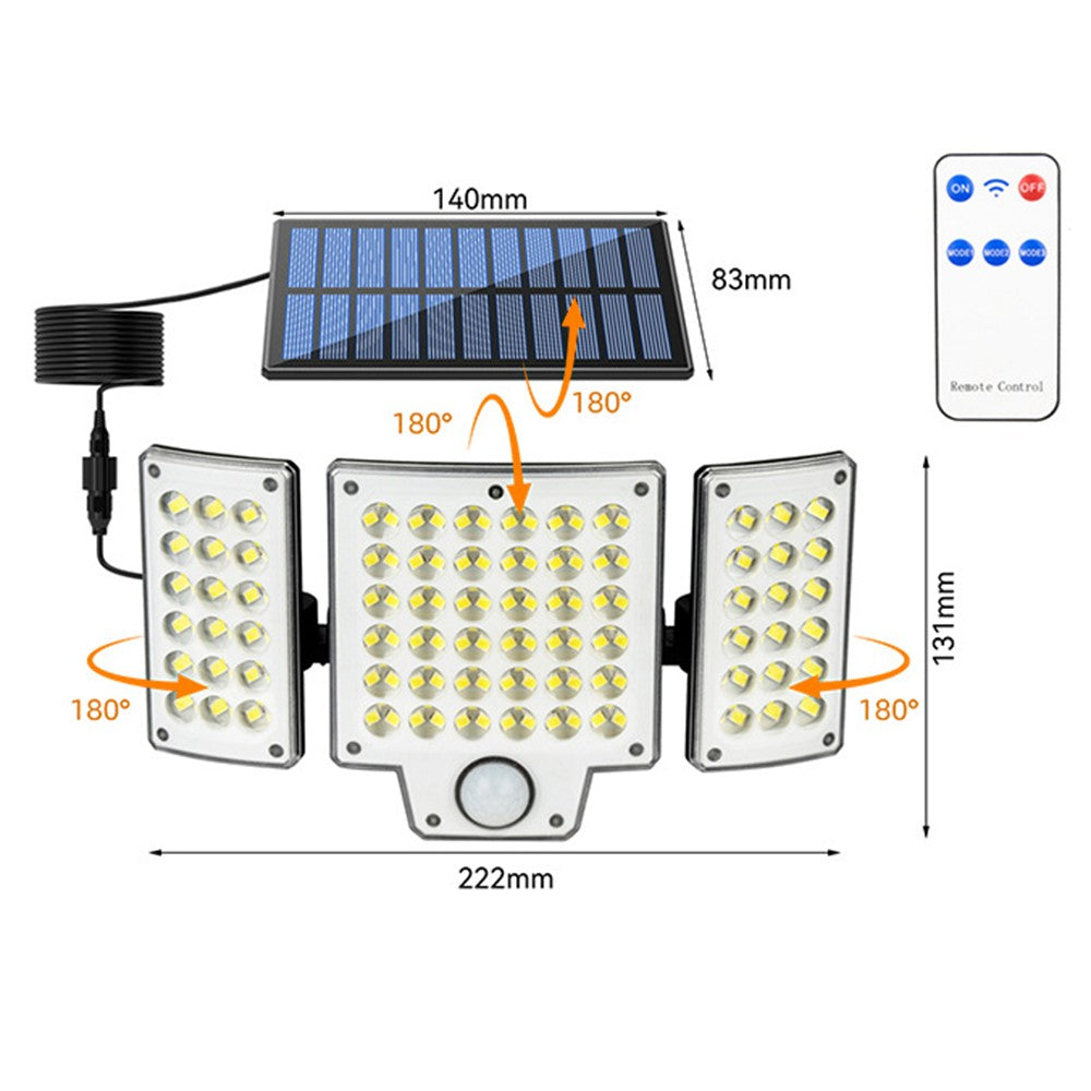 TG-TY01037 216 LED 3-Head Solar Powered Wall Light with Remote Control Waterproof Garden Lamp, Large Panel