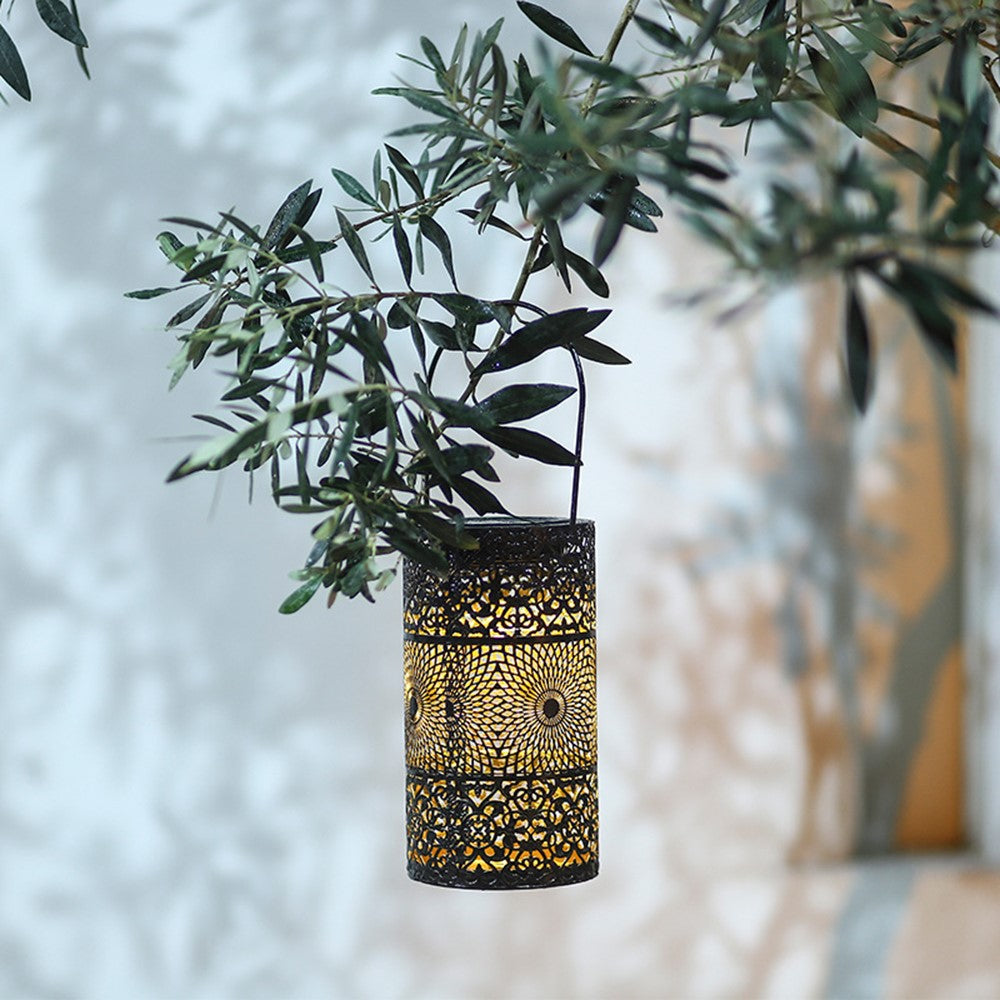 Solar Powered 3-Tier Hollow Out Projection Light Iron Art Decorative Hanging Lantern for Garden Patio