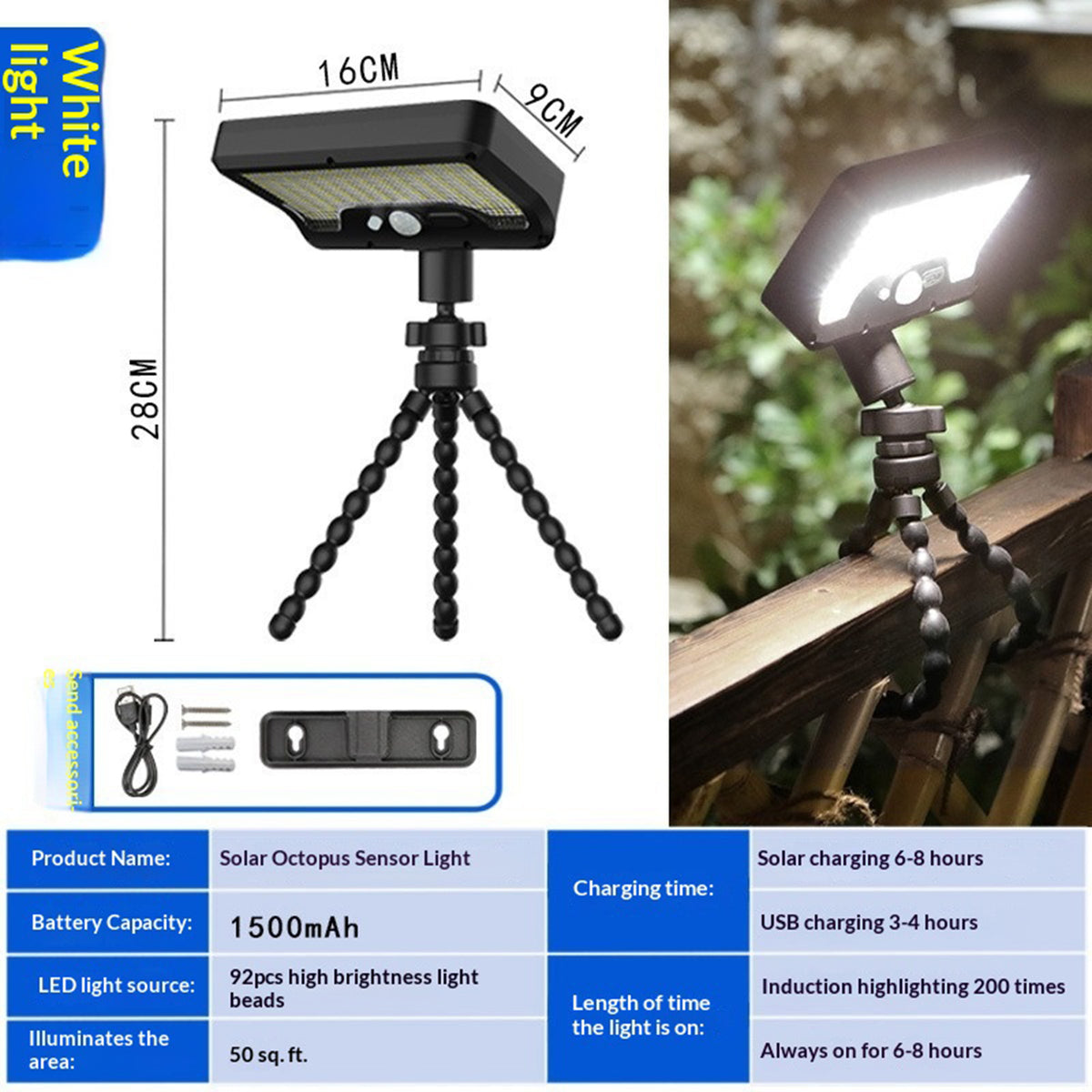 Waterproof 92-LED Solar Garden Light Outdoor Motion Sensor Path Wall Light with Flexible Octopus Mount