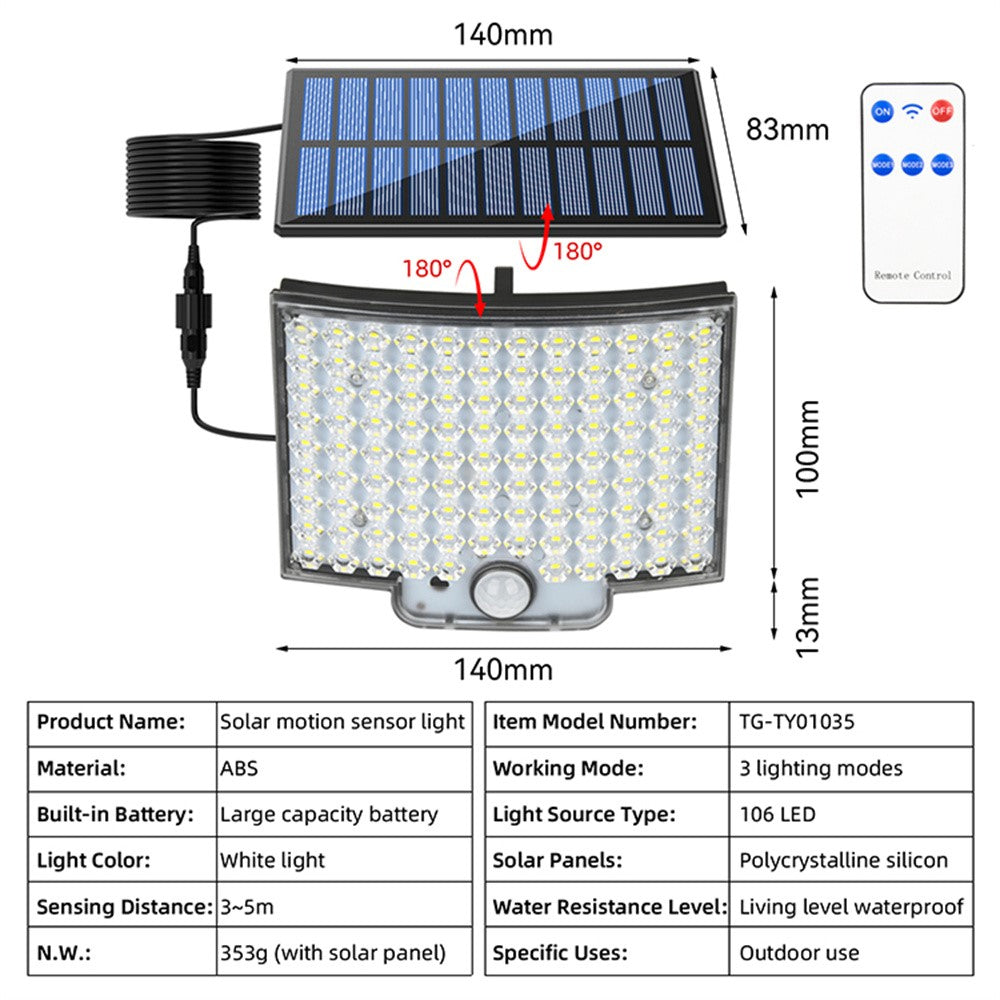 TG-TY01035 106 LED Solar Motion Sensor Wall Light Remote Control IP44 Waterproof Wall Lamp for Outdoor Garden