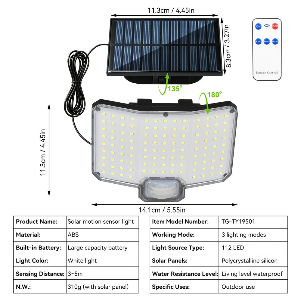 TG-TY19501 112-LED Solar Motion Sensor Wall Light 3 Modes Remote Control Waterproof Outdoor Security Light for Garden Patio