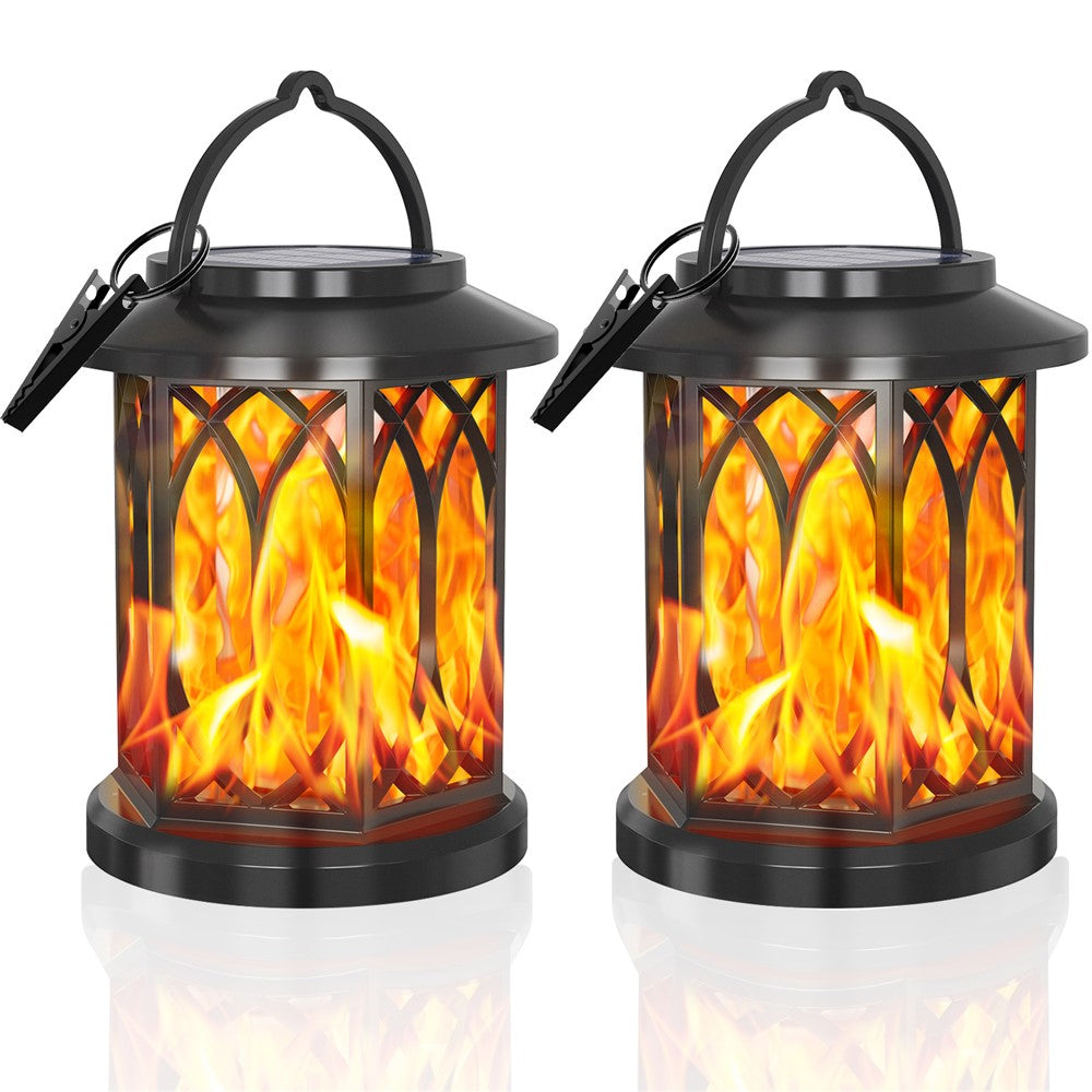 2Pcs Solar Flame Effect Lantern Design LED Flickering Light IP65 Waterproof Clip Hook Garden Light