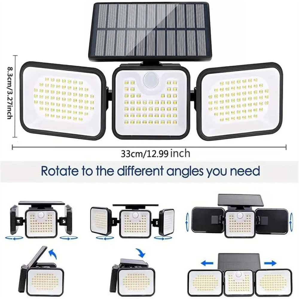 YY-21803 Solar Powered 180-LED Motion Sensor Wall Light 3-Head Rotatable Spotlight 400 Lumens IP65 Waterproof Security Lamp for Outdoor Garden