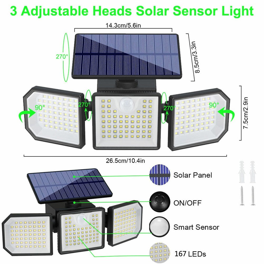 2Pcs 3-Head LED Solar Wall Light Motion Sensor 167-LED IP65 Waterproof Adjustable Security Light for Outdoor Garden