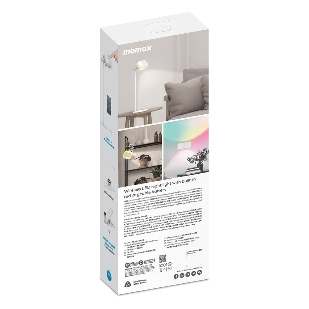 MOMAX QL13 SnapLux Mood Multifunctional Wireless Magnetic Light Dual Light Source Desktop Night Lamp (White)