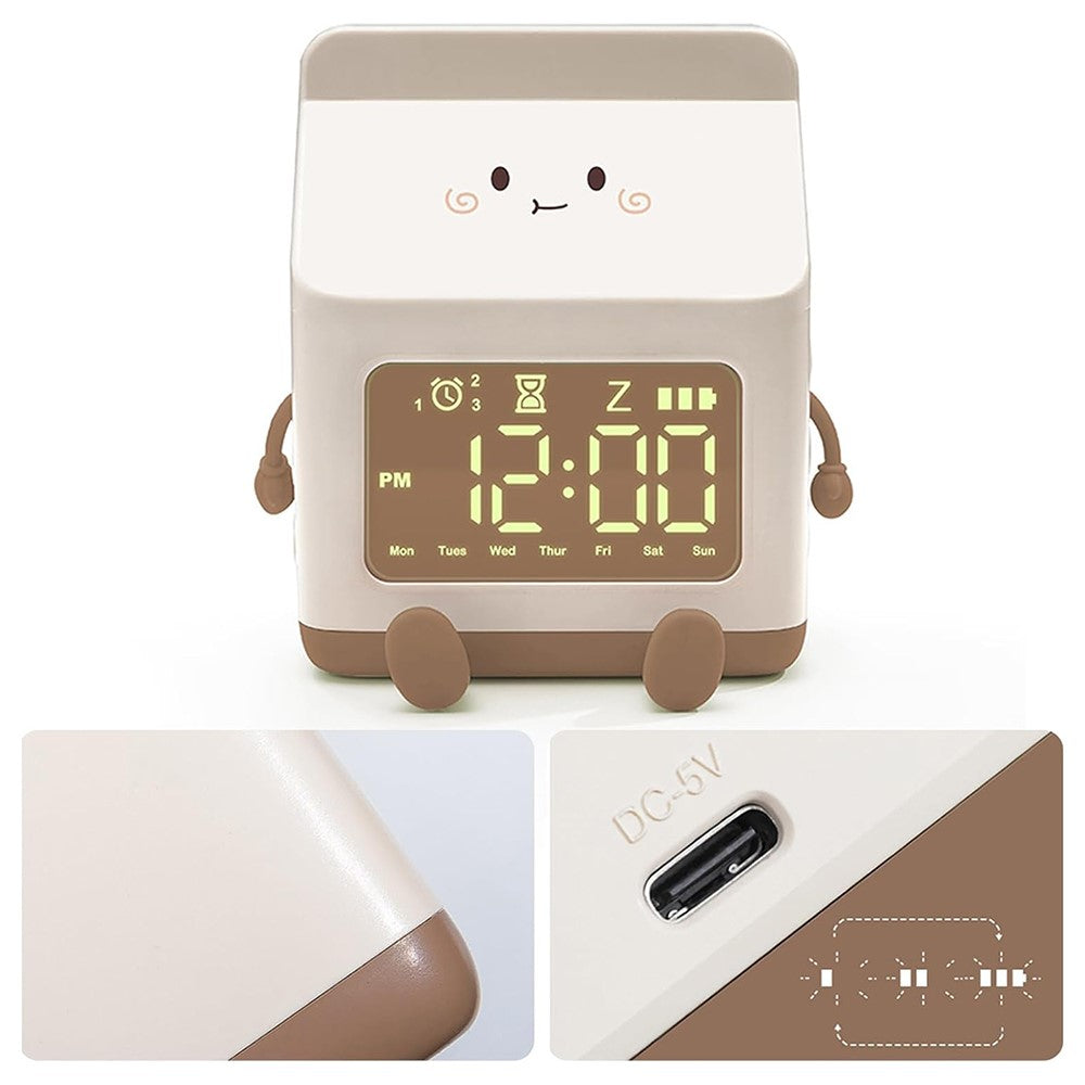 Milk Box Shape Clock with Snooze Kids LED Smart Clock Rechargeable Alarm Clock for Bedroom Room