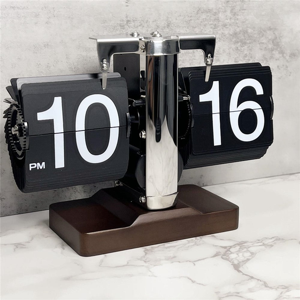 Auto Flip Clock Retro Table Clock Living Room Balance Mechanical Flip Clock with Walnut Square Base