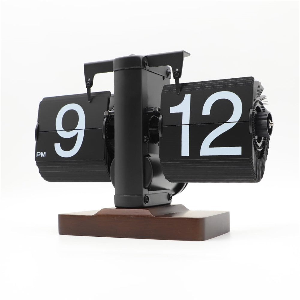 Automatic Flip Clock Retro Simple Home Table Clock Single Foot Stainless Steel Quartz Movement Flip Clock Walnut Square Base