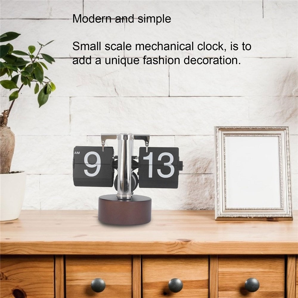 Automatic Flip Clock Retro Simple Home Table Clock Single Foot Stainless Steel Quartz Movement Flip Clock Walnut Round Base