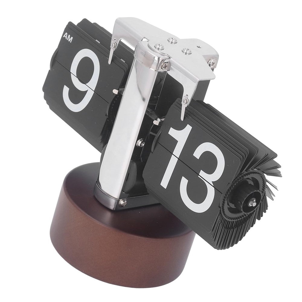 Automatic Flip Clock Retro Simple Home Table Clock Single Foot Stainless Steel Quartz Movement Flip Clock Walnut Round Base