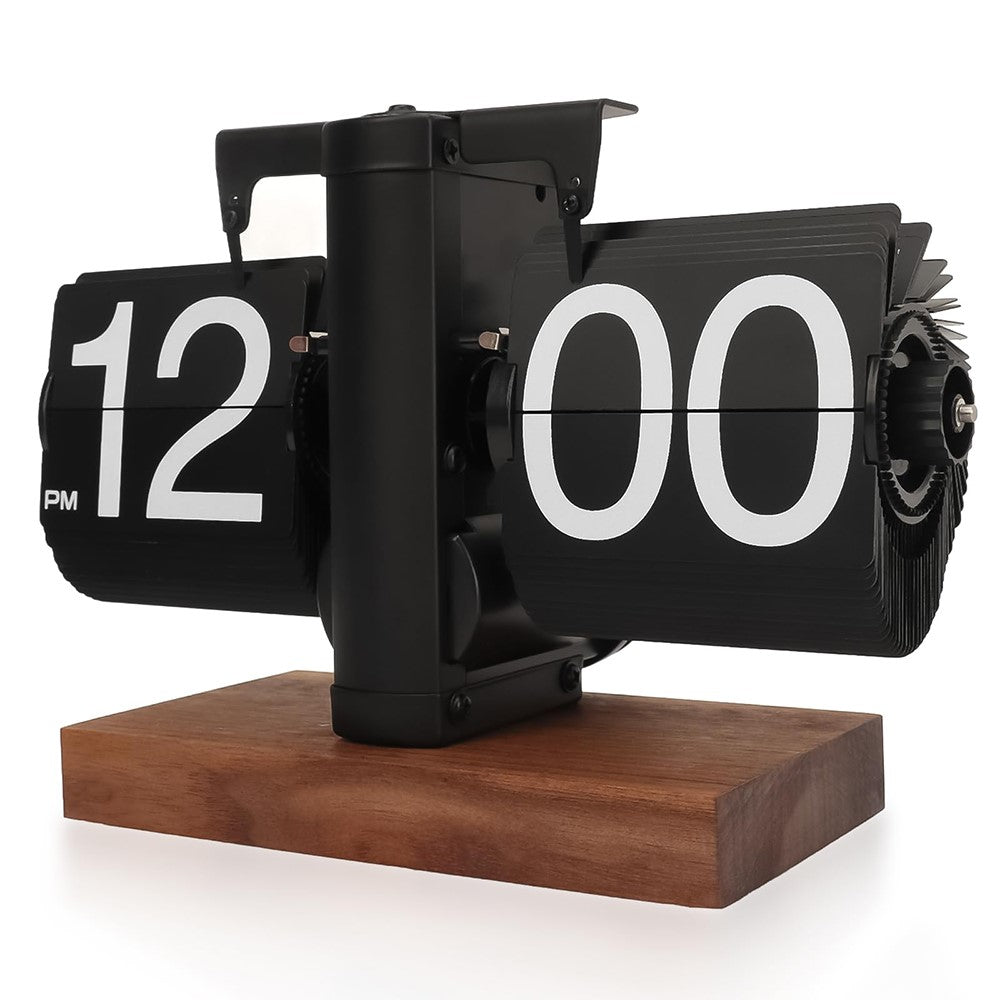Automatic Flip Clock Retro Home Table Clock Single Foot Stainless Steel Quartz Movement Flip Clock Square Wooden Base