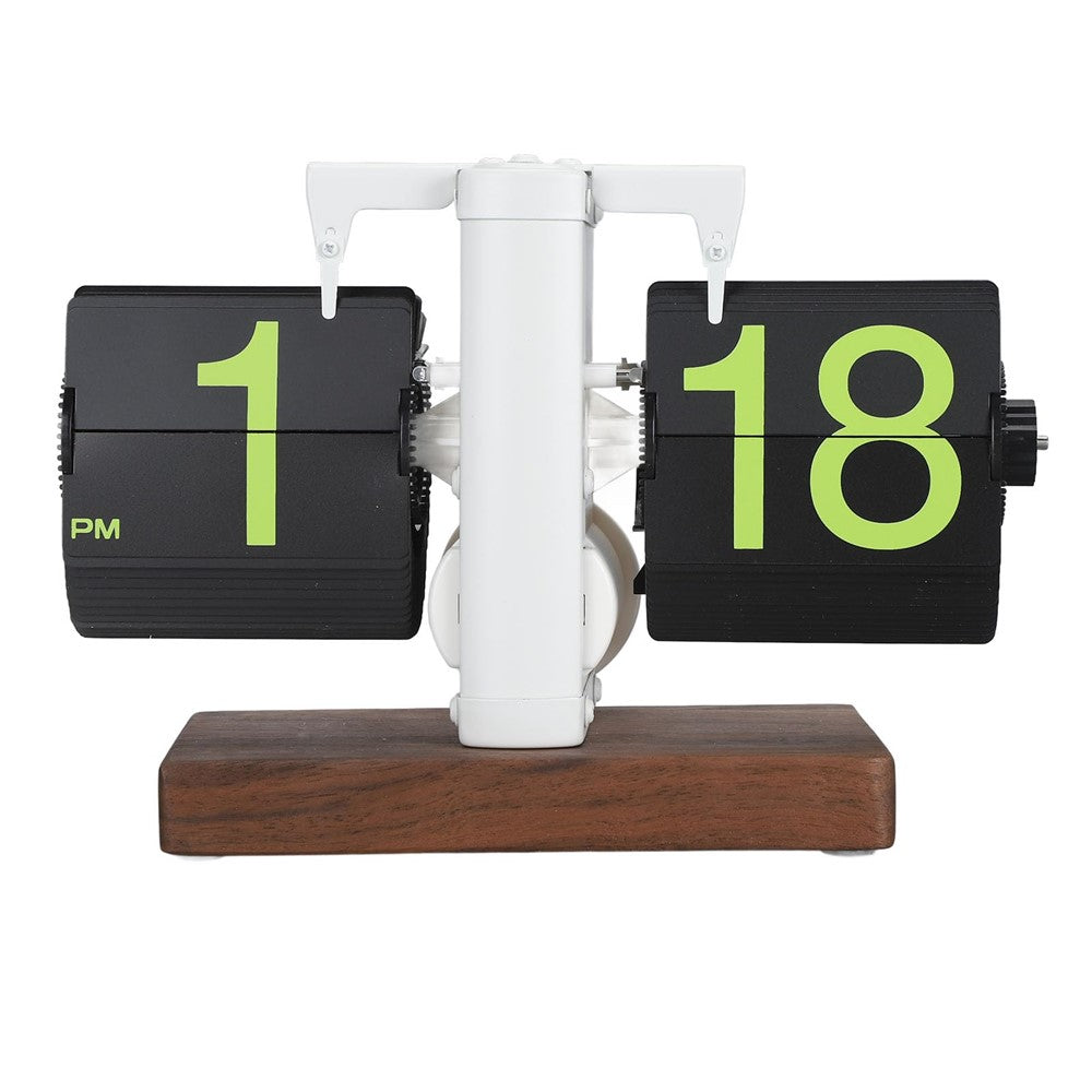 Automatic Flip Clock Retro Home Table Clock Single Foot Stainless Steel Quartz Movement Flip Clock Square Wooden Base