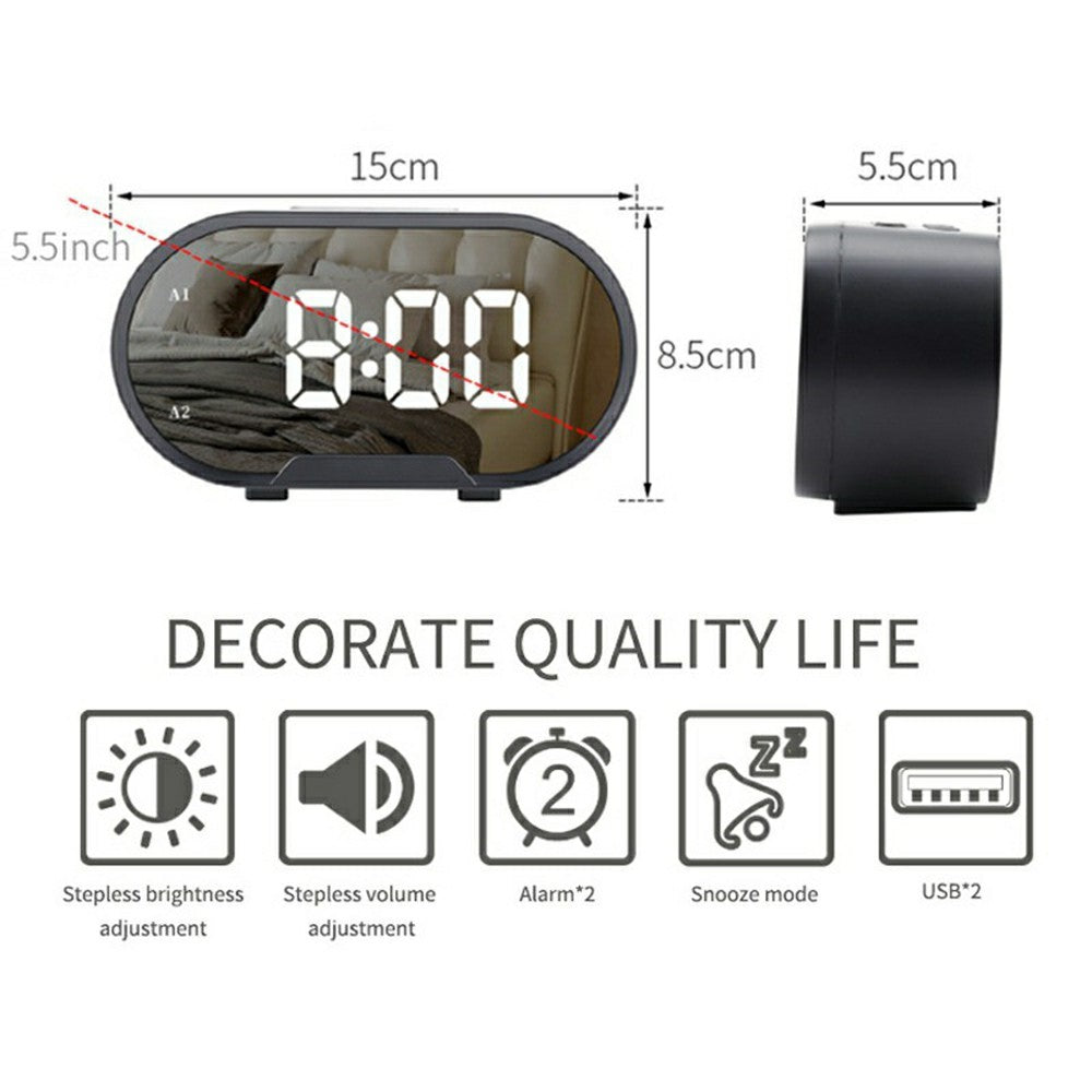 TS-R900 5.5 Inch LED Mirror Clock Dual USB Charging Stepless Brightness Digital Alarm Clock for Bedroom
