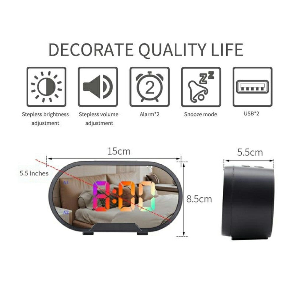 TS-R900 LED Digital Alarm Clock 5.5 Inch Mirror Display Dual USB Charging Desk Clock for Bedroom Desktop