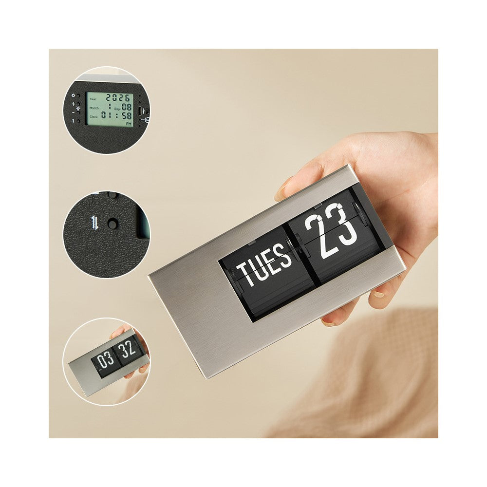 Flip Calendar Table Clock Desktop Decor Digital Display Auto-Page Turning 2000mAh Rechargeable Clip Clock for Home Office