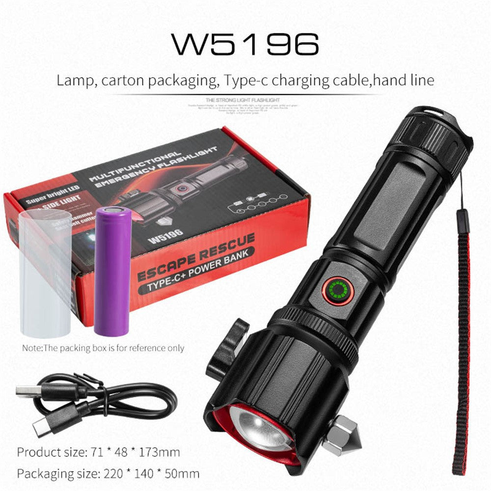 W5196 Flashlight with Laser Safety Cutter Emergency Car Tool Strobe Light USB Rechargeable for Outdoor