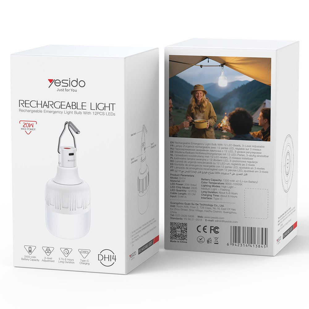YESIDO DH14 12-LED Rechargeable Emergency Light Bulb 3-Level Adjustable Hanging Camping Lantern