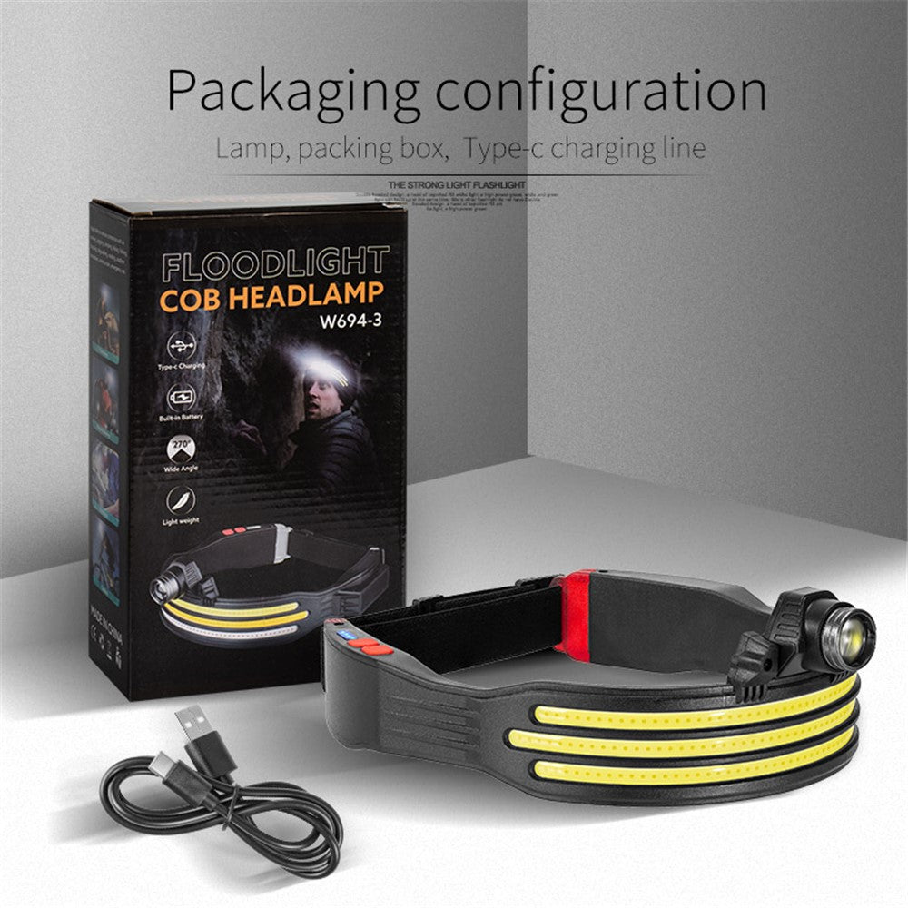 W694-3 COB Mini LED Head Light Adjustable Multi-Function Headlamp Outdoor Headband Flashlight with Red Warning