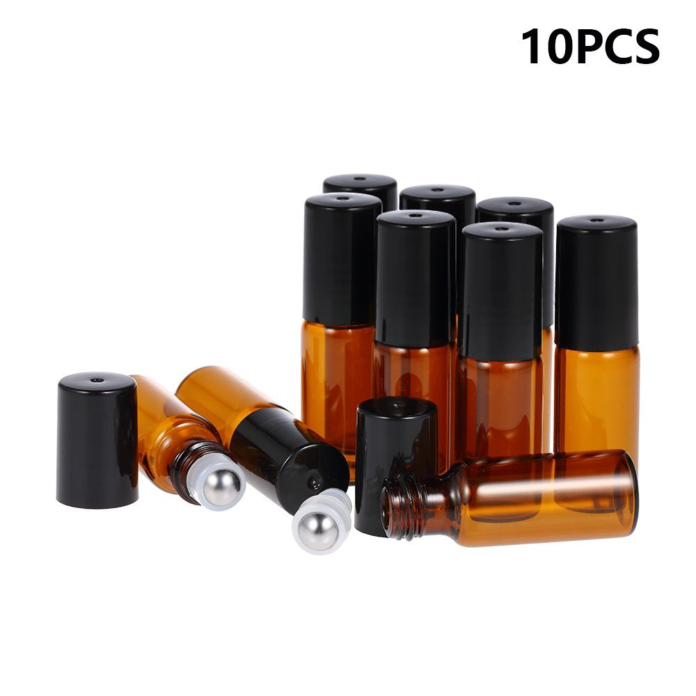 10Pcs 5ml Essential Oil Roller Bottle Stainless Steel Roller Ball Amber Glass Container with Dropper