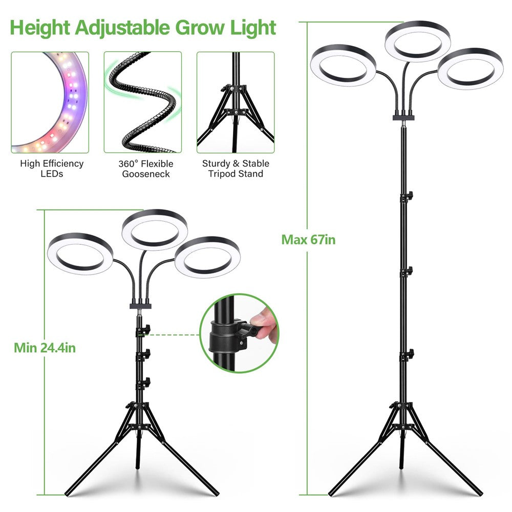 6 Inch Ring Grow Light 3 Head Adjustable Tripod Stand LED Lamp for Indoor Plants Succulents